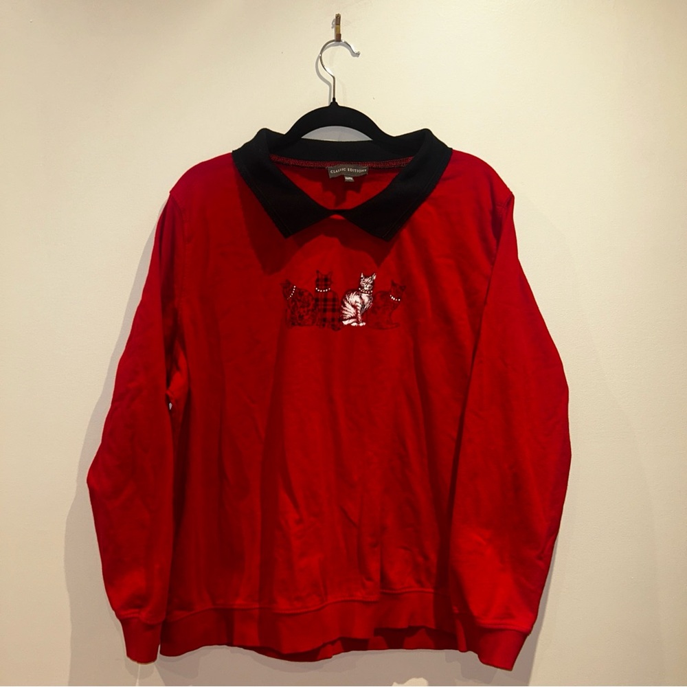 Vintage Cat Embroidered Crewneck w/ Black Collar Red XXL 90s Preppy Cute